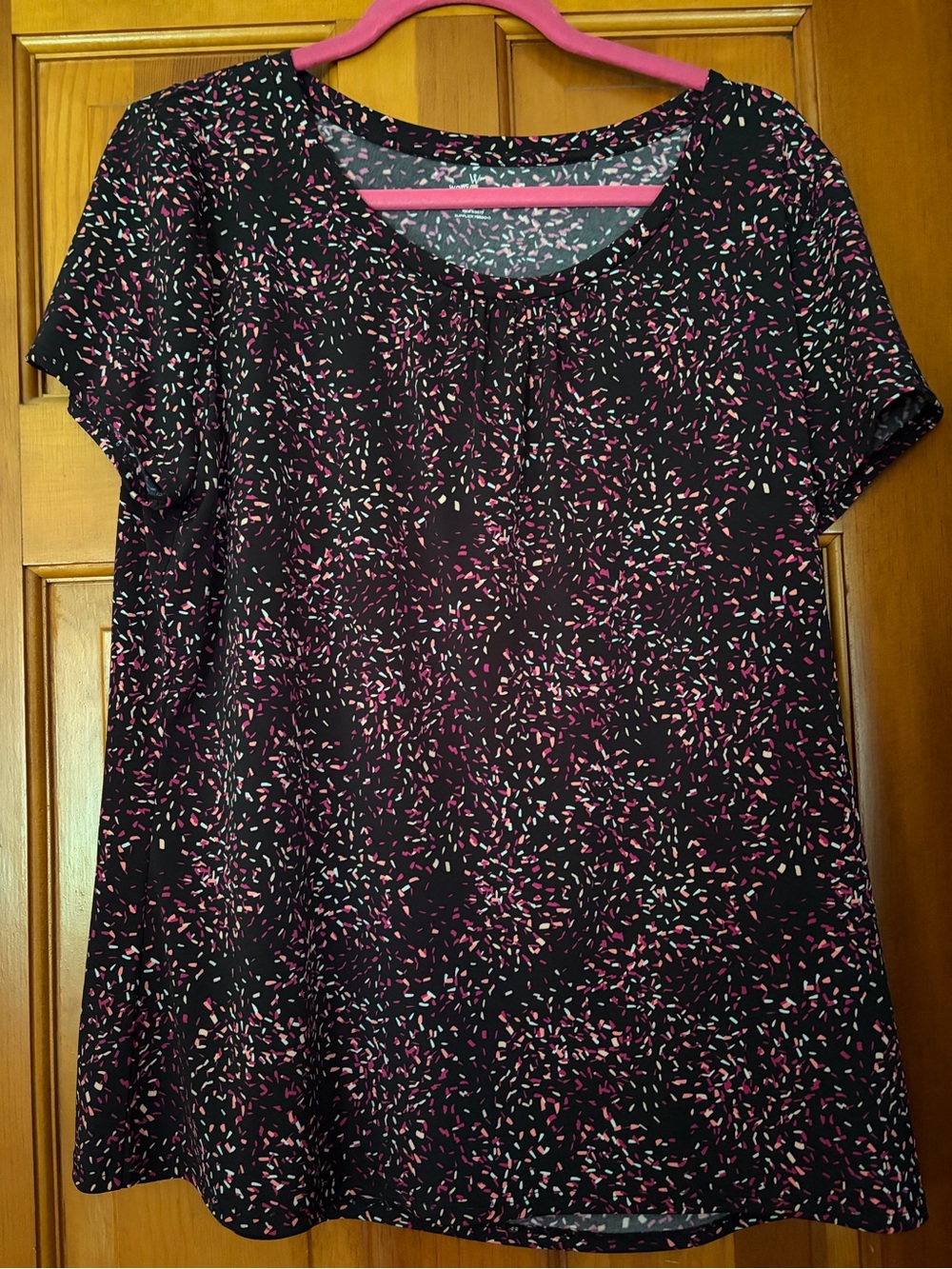 Worthington Black Short-Sleeve Scoop Neck Top with Pink and Mint Print